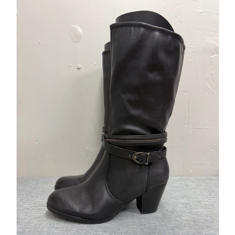 BareTraps Abilene Boots Womens 8M Black Faux Leather Block Heel Buckle Detail